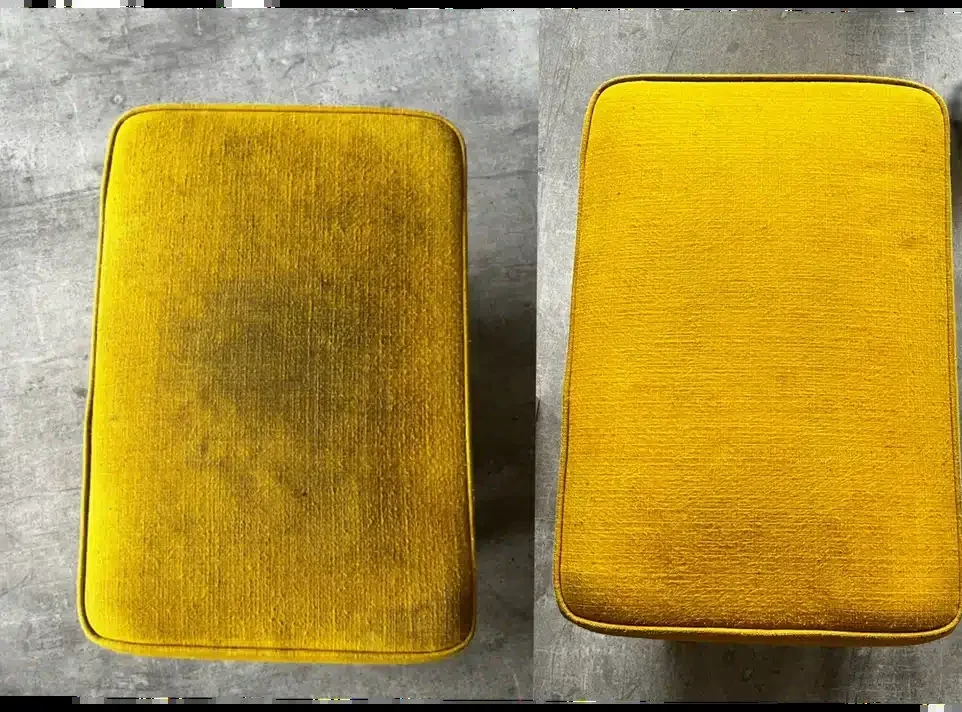 Gele hocker, links voor en rechts na reiniging